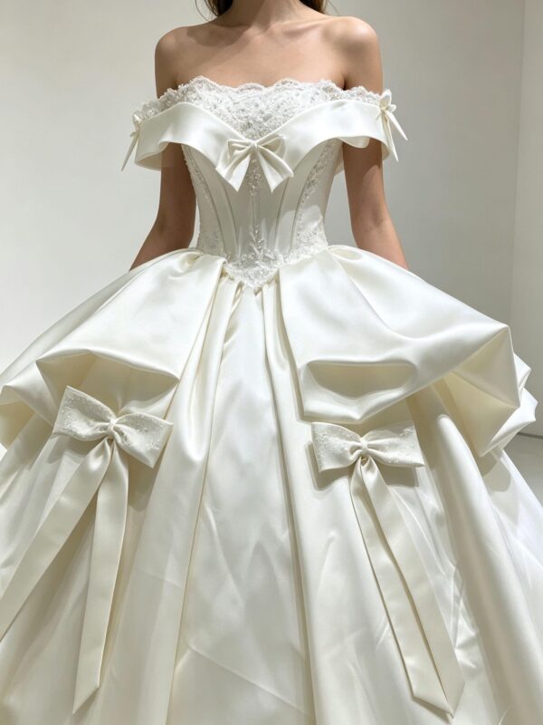 Off-Shoulder Bow Satin Wedding Dress