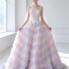 Pastel Rainbow Ruffle Tulle Ball Gown With Sheer Veil
