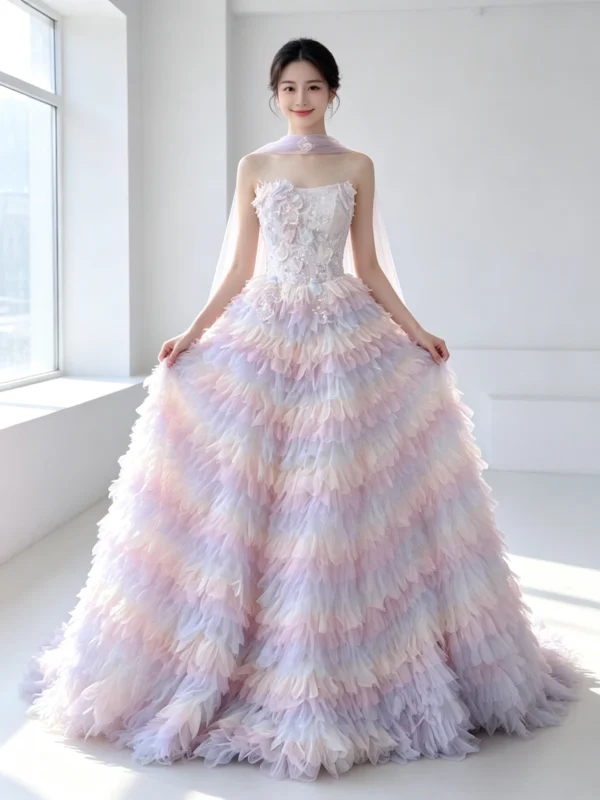 Pastel Rainbow Ruffle Tulle Ball Gown With Sheer Veil