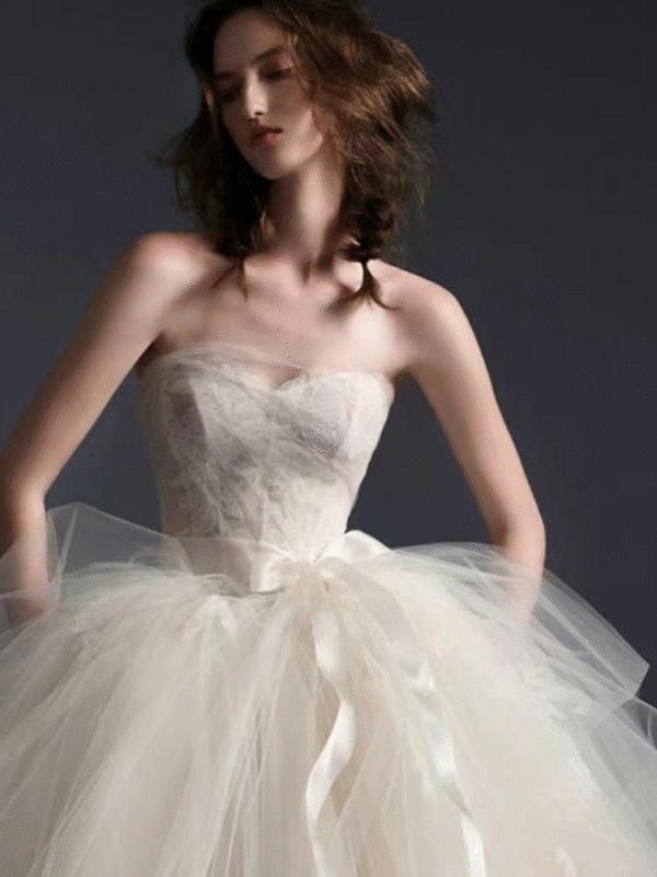 Ivory Strapless Lace Applique Tulle Ball Gown