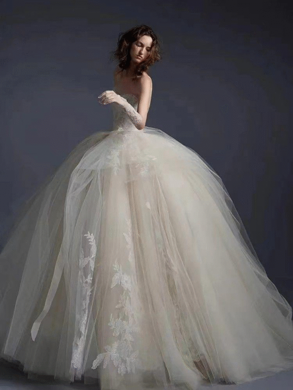 Ivory Strapless Lace Applique Tulle Ball Gown