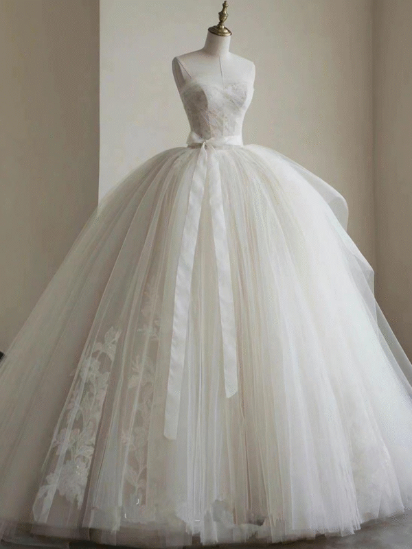 Ivory Strapless Lace Applique Tulle Ball Gown