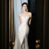 Ivory Satin Corset Lace Slit Wedding Dress