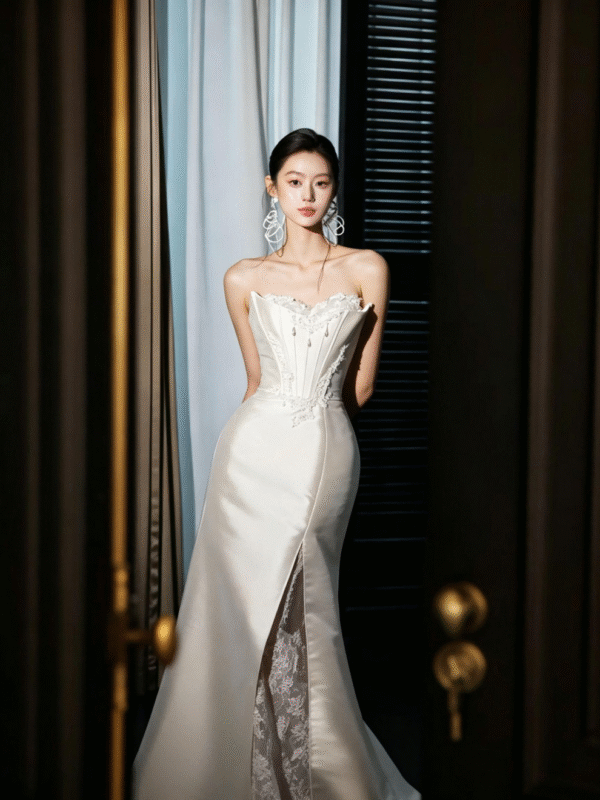 Ivory Satin Corset Lace Slit Wedding Dress