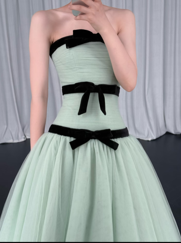 Mint Green Strapless Tulle Ball Gown With Black Velvet Bows