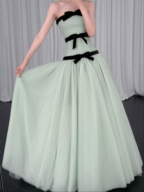 Mint Green Strapless Tulle Ball Gown With Black Velvet Bows