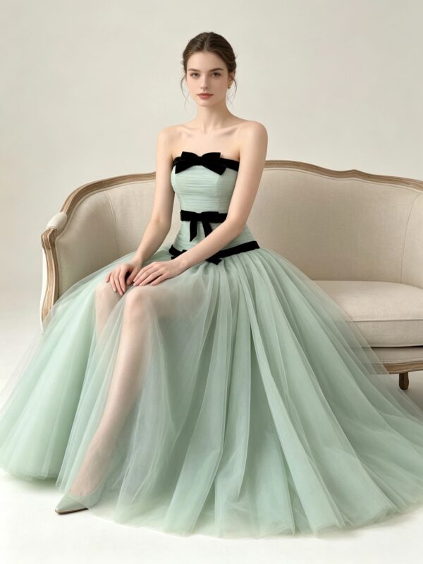 Mint Green Strapless Tulle Ball Gown With Black Velvet Bows