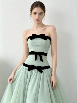 Mint Green Strapless Tulle Ball Gown With Black Velvet Bows