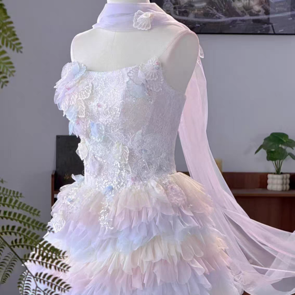 Pastel Rainbow Ruffle Tulle Ball Gown With Sheer Veil