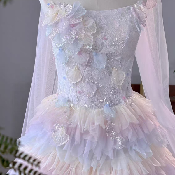 Pastel Rainbow Ruffle Tulle Ball Gown With Sheer Veil