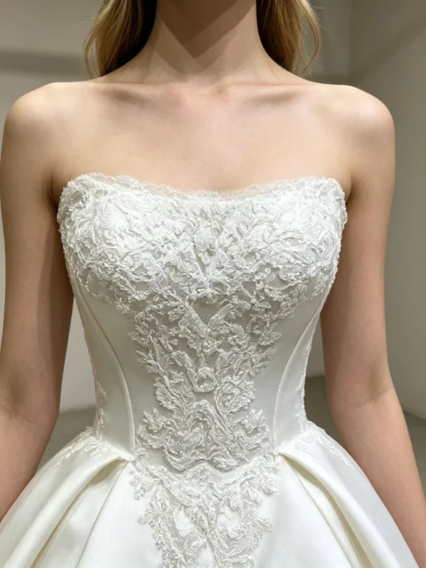 Strapless Lace Applique Satin Bridal Gown