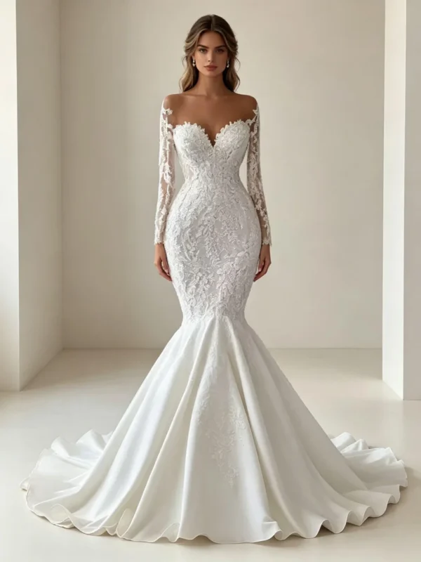 Ivory Long Sleeve Lace Mermaid Wedding Dress