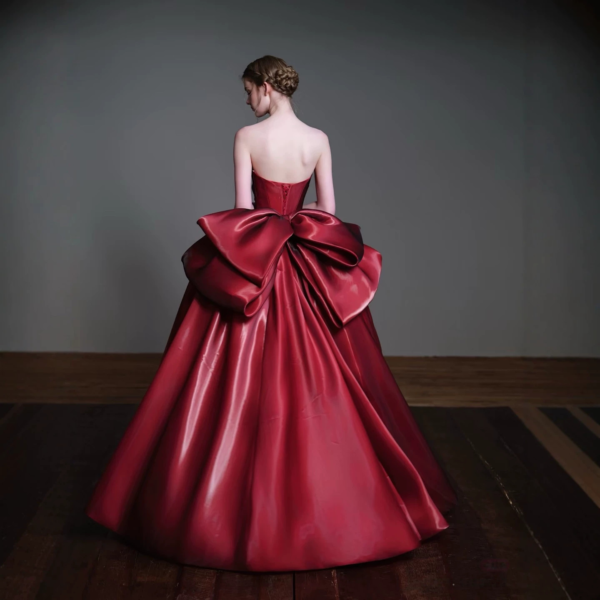 Wine Red Pleated Satin Formal Princess Evening Dress