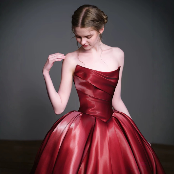 Wine Red Pleated Satin Formal Princess Evening Dress