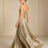Champagne Strapless Metallic Pleated Formal Gown
