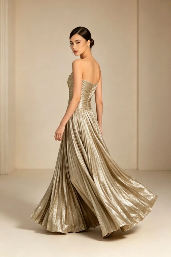 Champagne Strapless Metallic Pleated Formal Gown