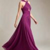 Purple Cross Waist Pleated Chiffon Formal Evening Gown