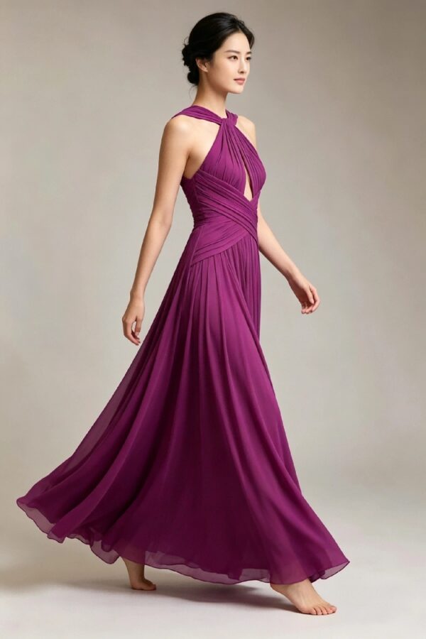 Purple Cross Waist Pleated Chiffon Formal Evening Gown