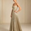 Champagne Strapless Metallic Pleated Formal Gown