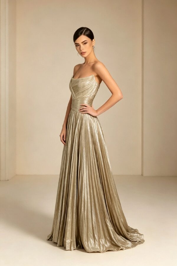 Champagne Strapless Metallic Pleated Formal Gown