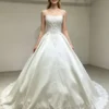 Strapless Lace Applique Satin Bridal Gown
