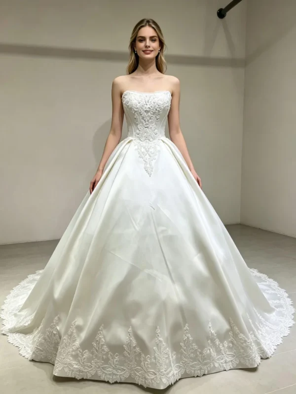 Strapless Lace Applique Satin Bridal Gown