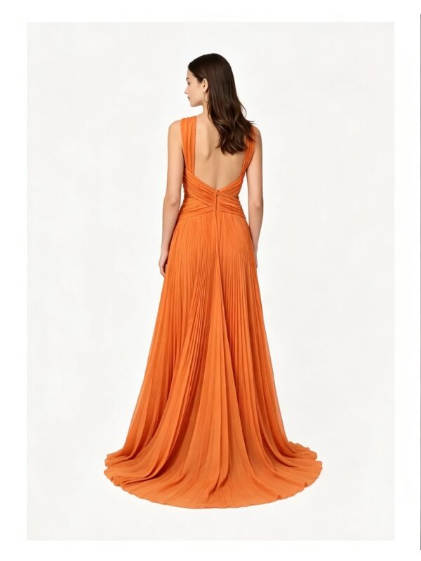 Burnt Orange Crisscross Waist Flowy Chiffon Evening Gown
