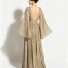 Khaki Ruched Waist Flowy Chiffon Evening Gown With Bell Sleeves