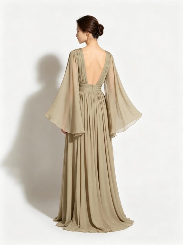 Khaki Ruched Waist Flowy Chiffon Evening Gown With Bell Sleeves