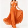 Burnt Orange Crisscross Waist Flowy Chiffon Evening Gown