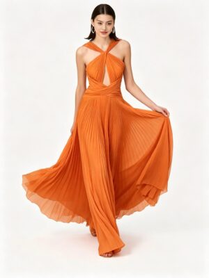 Burnt Orange Crisscross Waist Flowy Chiffon Evening Gown