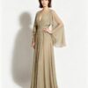 Khaki Ruched Waist Flowy Chiffon Evening Gown With Bell Sleeves