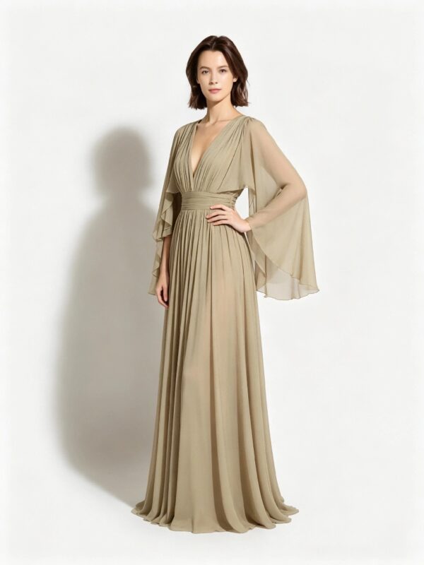 Khaki Ruched Waist Flowy Chiffon Evening Gown With Bell Sleeves