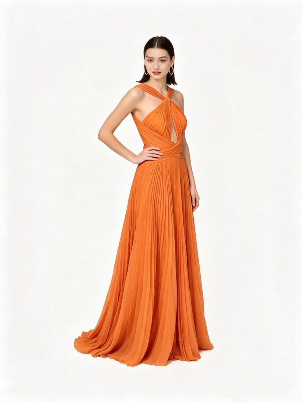 Burnt Orange Crisscross Waist Flowy Chiffon Evening Gown