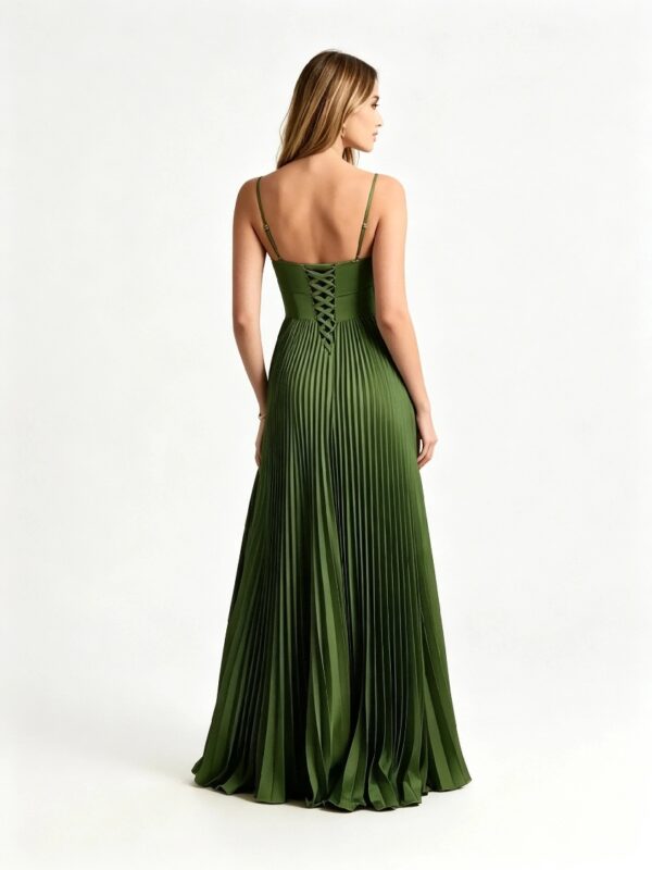 Dark Green Corset Bodice Pleated Slit Formal Evening Gown