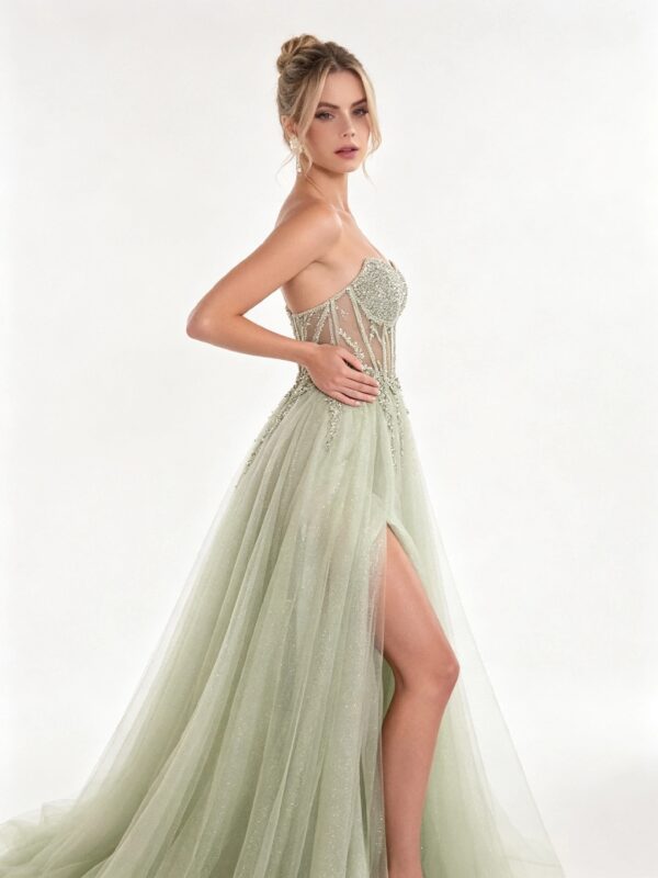 Light Green Sheer Bone Corset Glitter Tulle Formal Evening Dress