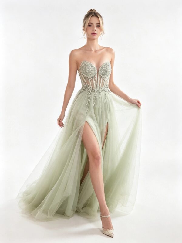 Light Green Sheer Bone Corset Glitter Tulle Formal Evening Dress