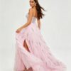 Pink Spaghetti Strap Sequin Tulle High Slit Prom Maxi Dress