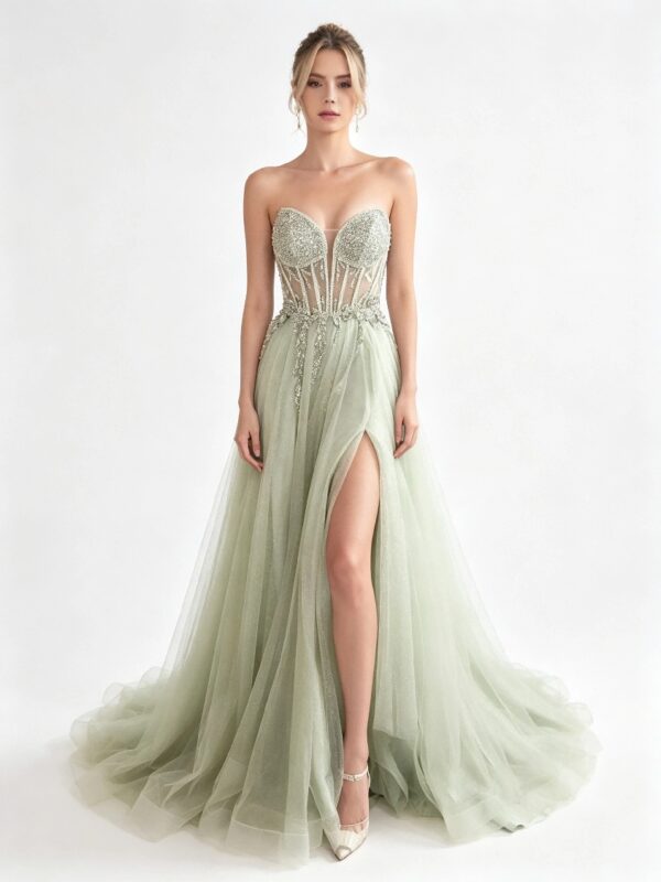 Light Green Sheer Bone Corset Glitter Tulle Formal Evening Dress