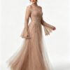 Nude Sheer Bell Sleeve Beaded Lace Tulle Evening Gown