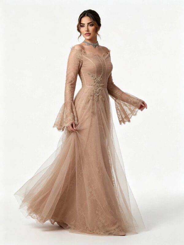 Nude Sheer Bell Sleeve Beaded Lace Tulle Evening Gown