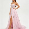 Pink Spaghetti Strap Sequin Tulle High Slit Prom Maxi Dress