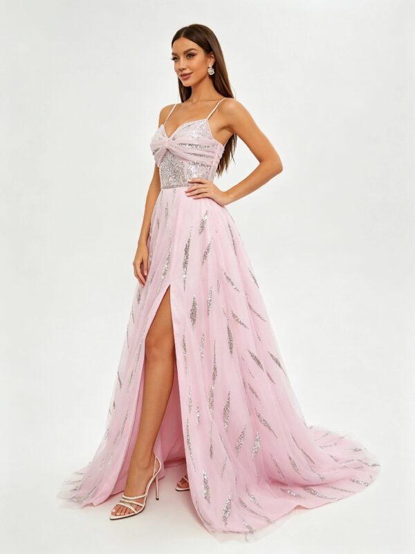 Pink Spaghetti Strap Sequin Tulle High Slit Prom Maxi Dress