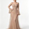Nude Sheer Bell Sleeve Beaded Lace Tulle Evening Gown