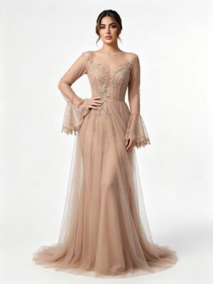Nude Sheer Bell Sleeve Beaded Lace Tulle Evening Gown