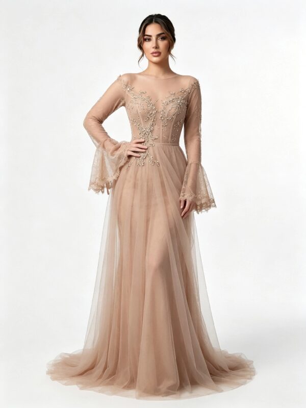 Nude Sheer Bell Sleeve Beaded Lace Tulle Evening Gown