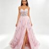 Pink Spaghetti Strap Sequin Tulle High Slit Prom Maxi Dress