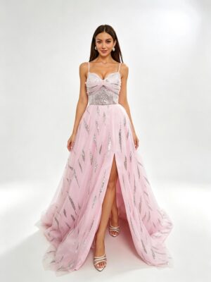 Pink Spaghetti Strap Sequin Tulle High Slit Prom Maxi Dress