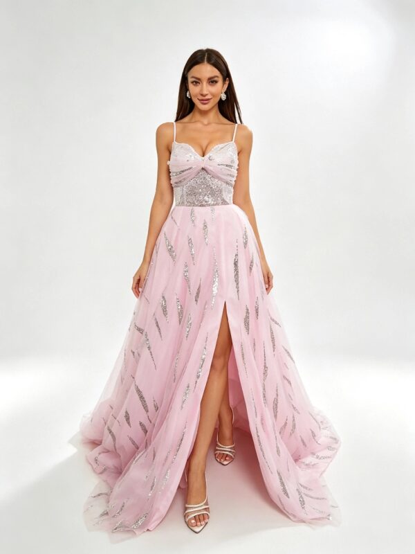 Pink Spaghetti Strap Sequin Tulle High Slit Prom Maxi Dress