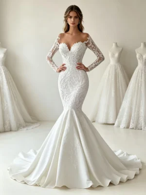 Ivory Long Sleeve Lace Mermaid Wedding Dress